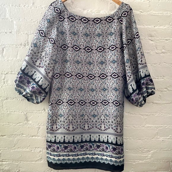 ABS Allen Schwartz Shift Dress Balloon Sleeves Purple Gray Print Lined Dress 4 - Picture 1 of 12